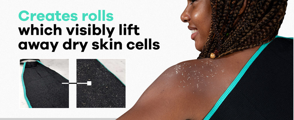 Back exfoliation scrub creates rolls that visibly lift away dry skin cells, leaving your skin feeling soft and smooth.