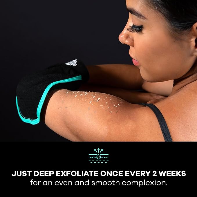 Exfoliating mitt reveals healthy, new, and radiant skin.