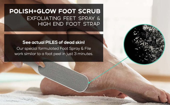 See actual piles of dry skin come off . Our special formulated foot spray and file work similar to a foot peel with results in just 3 minutes